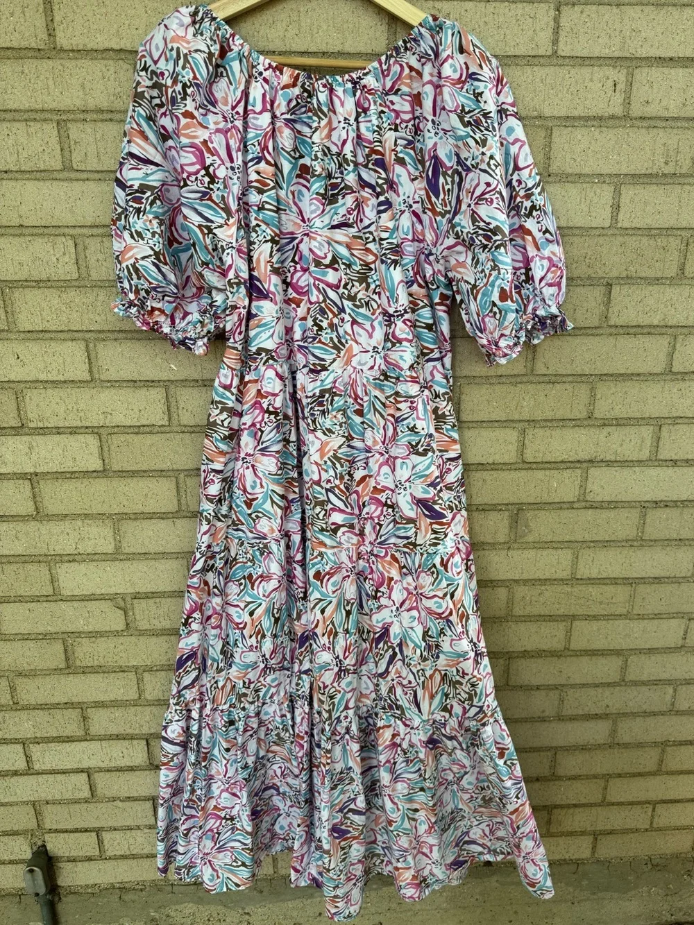 Sofie the Label Puff-Sleeve Tiered Midi Dress Pink Multi Boho Floral Large - Picture 7 of 9